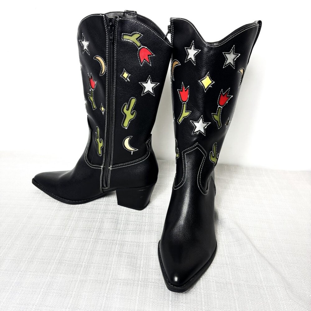 No Boundaries Blk Cowboy Boots w/ western motif cut out Faux Leather Heels NWOT - Picture 2 of 13